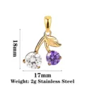 Gold stainless steel cherry pendant with white and purple cubic zirconia stones 18x17mm - Cherry Purple & Clear Zircon Gold