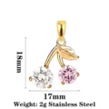 Gold stainless steel cherry pendant with white and pink zircon stones, 18x17mm, 2g DIY accessory - Cherry Pink & Clear Zircon Gold