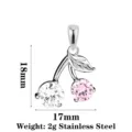 Stainless steel cherry pendant with pink and white crystal stones for DIY jewelry making. - Cherry Pink & Clear Zircon Silver