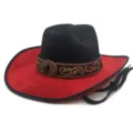 Chapeau de cowboy western en suédine avec bande brodée et boucle pour hommes et femmes. - M (56-58cm) / Noir et Rouge