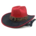 Chapeau de cowboy occidental brodé en suédine patchwork avec boucle vintage et lanière. - M (56-58cm) / Rouge et Noir