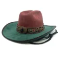 Chapeau cowboy western en daim avec bande brodee style ethnique bord incurve mentonniere - M (56-58cm) / Rouge Vin et Vert Foncé