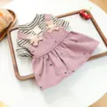 Chic pet puppy autumn winter striped overall dress detail, cute bear patch cute design. - XS / Lotus root pink