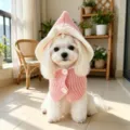 Cute pink knit dog hat with white ruffles and buttons for small pets winter warm style - S / Ruffle Edge Knit Beanie / Pink