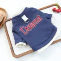 Detailed shot of pet dog sweater with D-ring and Dearest embroidery in blue and white. - XS / Navy Blue