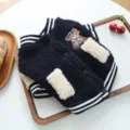 Cute pet lamb fleece baseball jacket detail, featuring fluffy pockets and bear embroidery. - XS / Navy Blue