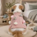 Detailed view of cute pink knitted puppy sweater with colorful pom-poms for small dogs. - XS-Bust 30cm, Length 20cm (Approx 1-1.5kg) / Pink