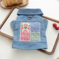 Denim pet dog jacket winter warm puppy clothes with leash ring patchwork designs - XS / Pastoral Floral Patchwork Denim Jacket