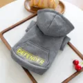 Grey pet hoodie for small dogs and cats with hood and front pocket detail close up view - XS / Yellow Defender Hoodie / Smoke