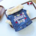 Cute small dog denim fleece coat with faux fur collar and embroidered letters for autumn and winter. - XS