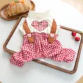 Cute red plaid pet dog cat overalls with heart embroidery and leash ring for spring and summer. - XS / Bottoms