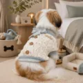 Cute dog knit sweater detail view, hollow out breathable design with cozy bow and buttons. - XS / Blue & White