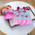 Pink pet denim dress and plush hat set, cute apparel for small dogs and cats, stylish look. - XS / Set / Pink Denim Skirt Set