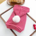 Red and white striped pet hoodie with cute white pom-pom detail for small dogs and puppies. - XS-Bust 30cm, Length 20cm (Approx 1-1.5kg) / Red and White Striped Pompom Hoodie
