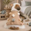 Cozy knitted puppy sweater with cute pom pom details, warm apparel for small dogs in autumn. - XS-Bust 30cm, Length 20cm (Approx 1-1.5kg) / Coffee