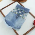 Denim dog clothes winter pet jacket cute daisy embroidery lapel design with leash ring. - XS / Plaid Daisy Denim Jacket