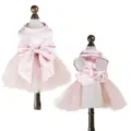 Pink pet dog dress with elegant bow and pearls, cute party cat apparel variant choice. - XS / Pink
