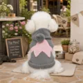Cozy grey pet knit sweater with pink star design and cute hood for small dogs and puppies. - XS / Light Gray