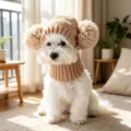 Detalle de gorro tejido para mascotas, gorro de invierno cálido con pompones para perros y gatos. - S / Café