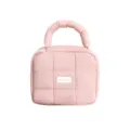Pink quilted puffer cosmetic bag, soft padded handheld storage pouch for daily travel use. - Square Puffy Macaron Cosmetic Bag / Pink