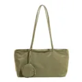 Close-up detail showing the nylon tote bag strap texture and the attached mini coin pouch. - Green
