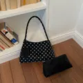 Korean sweet polka dot underarm shoulder bag with pouch, black suede daily casual handbag. - With Small Pouch / 6159 Black