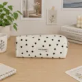 Korean style canvas pencil pouch with black heart print, large capacity portable storage bag. - Off-White With Black Heart