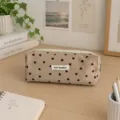 Cute canvas heart print pencil case aesthetic student stationery and makeup storage pouch detail - Beige With Red Heart