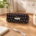 Korean style brown corduroy pencil case with cute white heart print, large capacity stationery bag. - Coffee Brown With Large Heart