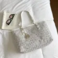 Tweed Shopper Tas, Witte Leren Schouderband, Grote Capaciteit Casual Handtas - Wit