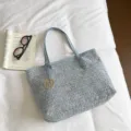 Blauwe tweed shopper tas voor dames, grote schoudertas handtas, casual dagelijkse tas - Blauw