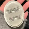 Boucles d'oreilles papillon en argent sterling 925 avec zircons cœur rose et transparent - Style Papillon (N526) / 9.1x6.75mm / Zirconia Blanc (Avec Fermoirs en Caoutchouc)