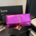 Metallic PU folding envelope clutch bag for women, stylish commuting handbag with tassel detail. - Purple