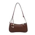Brown PU leather shoulder bag for women, chic hobo handbag with beaded pendant, casual commute. - Brown with Pendant (Sheng-7128)