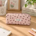 Korean style pink heart print pencil case, large capacity student stationery storage bag variant. - Pink With Brown Heart