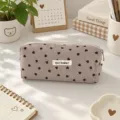 Korean style canvas pencil case with cute dark heart print, large capacity stationery bag. - Milk Coffee With Brown Heart