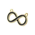 Gold tone infinity symbol charm detail view, black enamel inlay connector link for jewelry making - Black
