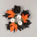 Halloween party decorative candle ring with black and orange maple leaves and mini white pumpkins. - Black Maple Leaf White Pumpkin Candlestick