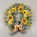 Couronne de tournesol artificielle avec nœud à carreaux, décoration murale pour porte, maison et mariage. - Sans Lumières