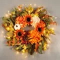 Herfst zonnebloem krans met pompoenen en LED verlichting voor thuis en vakantie decoratie. - Met Licht