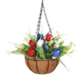 Artificial Tulip Hanging Basket Red White Blue Patriotic Holiday Wall And Door Decor - Tulip Coconut Palm Hanging Basket / Red/White/Blue