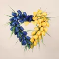 Heart-shaped artificial tulip wreath, blue and yellow floral door hanging for spring home decor. - Yellow and Blue