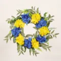 Artificial hydrangea and eucalyptus leaf decorative wreath for spring and summer home decor. - Willow Hydrangea Yellow Blue Wreath