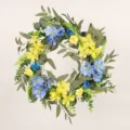 Ghirlanda floreale artificiale per porta d'ingresso con cosmee blu gialle e foglie verdi. - Ghirlanda Cosmos Foglia di Salice