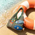 Knitted striped tote bag with cute fish embroidery, casual beach shoulder bag for women. - Green