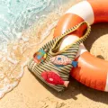 Knitted striped beach tote bag with cute fish and character appliques, casual women's shoulder bag - Yellow