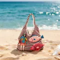 Knitted Striped Shoulder Bag Cute Fish Applique Casual Tote Bag Summer Beach Style - Red