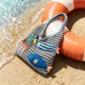 Knitted stripe tote bag with cute fish and doll embroidery, stylish casual beach shoulder bag. - Blue
