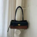 Vintage quilted shoulder bag for women elegant contrast color retro underarm bag - Brown