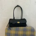 Women vintage quilted shoulder bag elegant black PU leather handbag underarm daily chic - Black